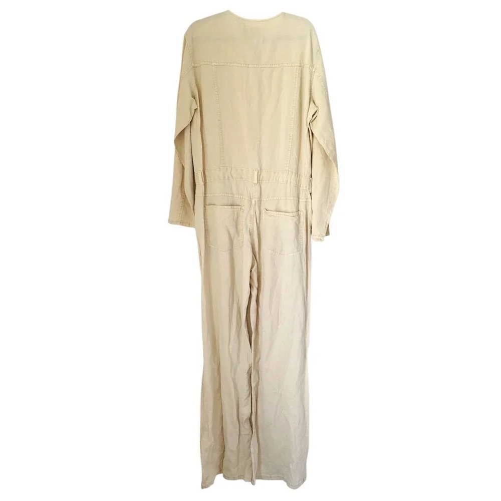 Zara Jumpsuit Women XL Beige Linen Blend Boiler Suit Utility Safari‎ Vacation